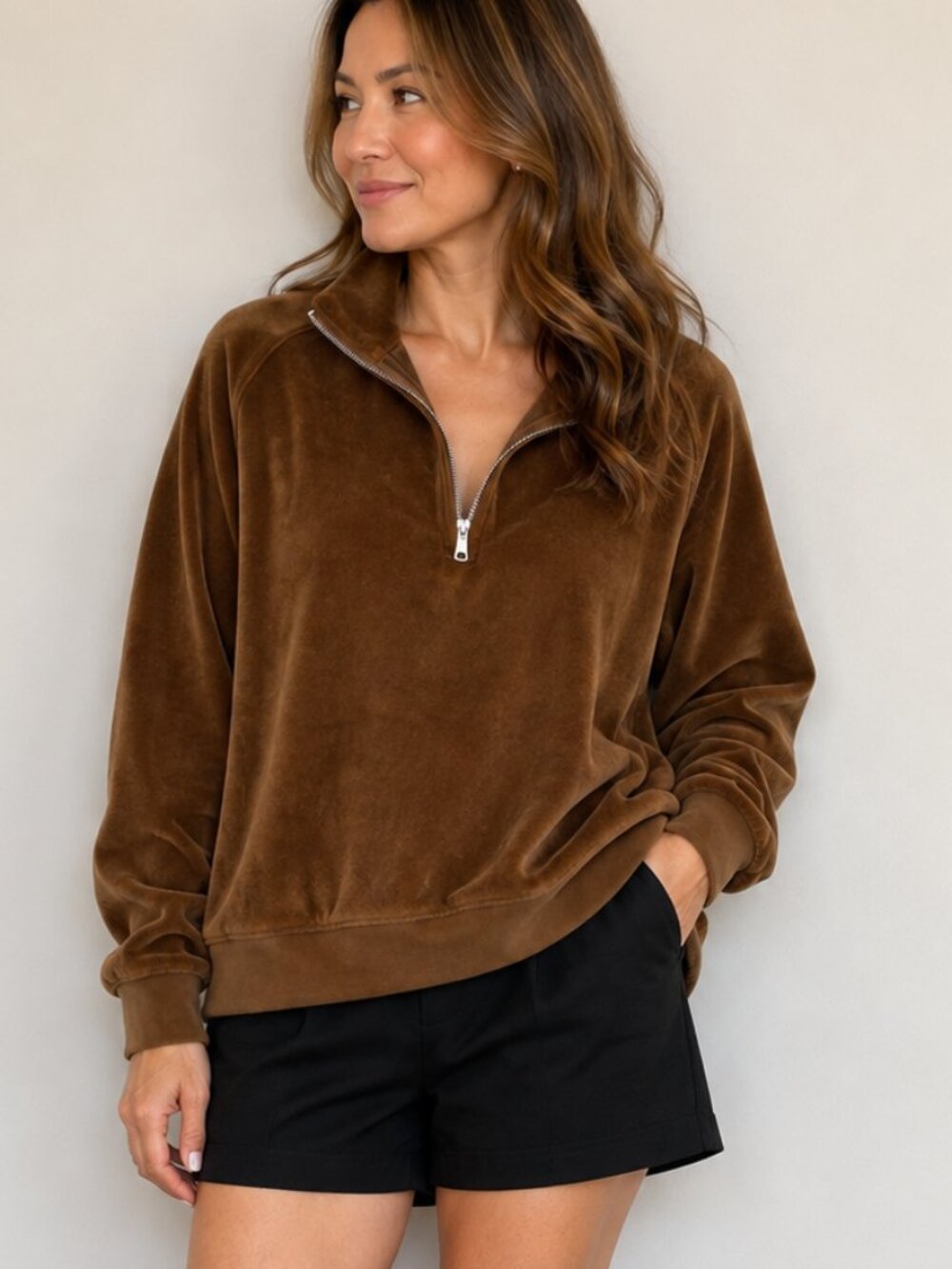 MADEWELL MWL Velour Half Zip Sweatshirt Brown Pullover Relaxed Fit L Cozy Fall
